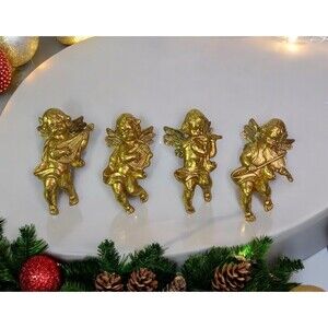 Gold Tone Cherub Angel Christmas Ornaments Set Of 4 Vintage 4 1/4” Tall
